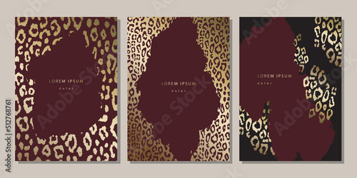 Set of luxury templates with golden leopard skin texture. Covers, posters 