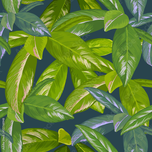 Tropical pattern with madder family leaves. The Rubiaceae plant on dark blue background
