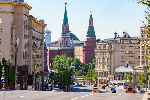 Tverskaya street and Kremlin towers in center of Moscow, Russia