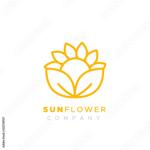 Sunflower company logo. Concept of gardening, solar energy, sunflower oil. Yellow outline. Vector illustration, flat design