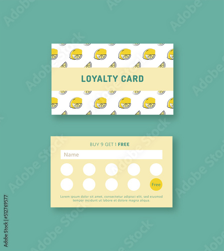 Vector bonus card, loyalty card template with lemons on white background.
