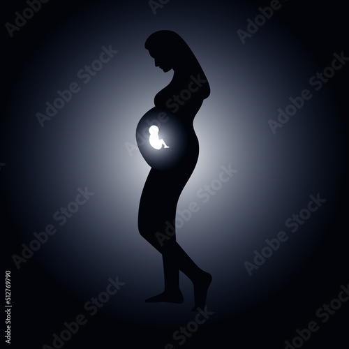 Vector silhouette of pregnant woman with baby, black background