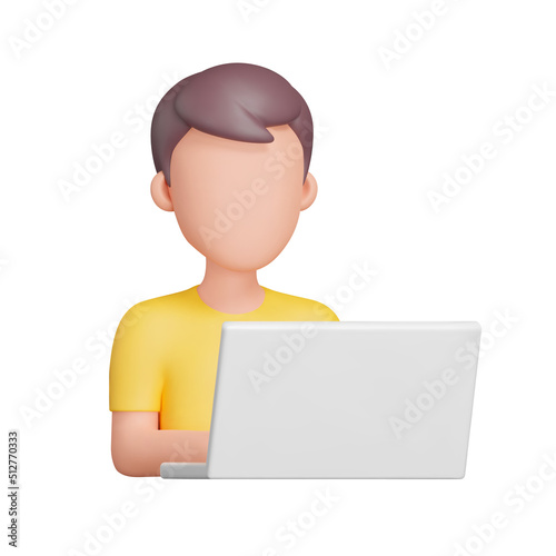 Man at a laptop computer 3d icon. User, worker. Isolated object on a transparent background