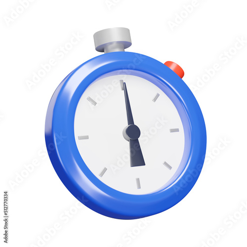 Stopwatch 3d icon. Blue timer with red button. Isolated object on a transparent background