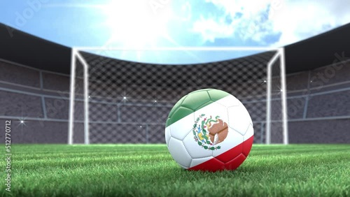 Mexico soccer ball, rolling into stadium with camera flashes. 3D animation