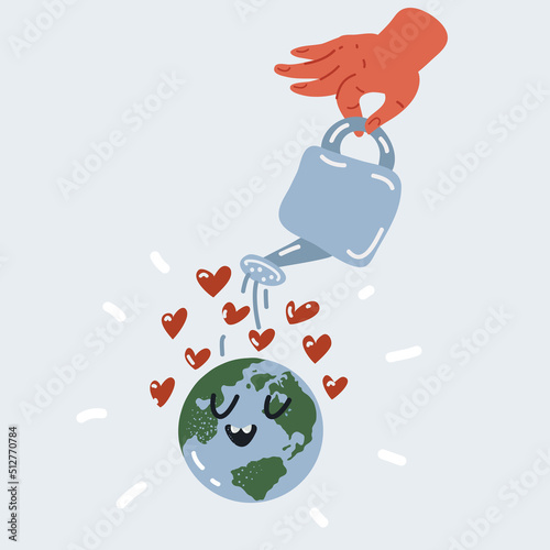 Vector illustration of Ecology poster. a hand with a watering can pours love heartsymbol on the globe