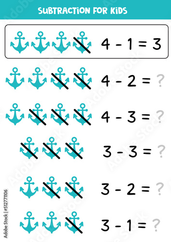 Subtraction with blue anchor. Educational math game for kids.
