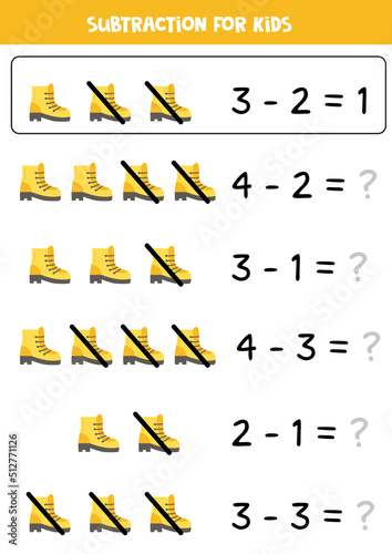 Subtraction with hiking boot. Educational math game for kids.