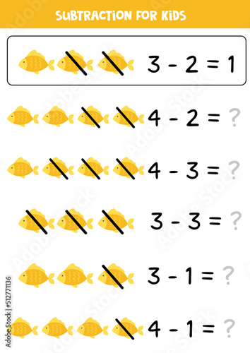 Subtraction with yellow fish. Educational math game for kids.
