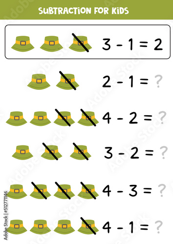 Subtraction with green hat. Educational math game for kids.