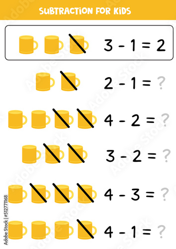 Subtraction with yellow mug. Educational math game for kids.
