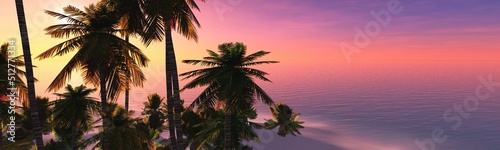Palm trees and sea sunset in palm trees, seascape with palm trees and sun, 3d rendering © ustas