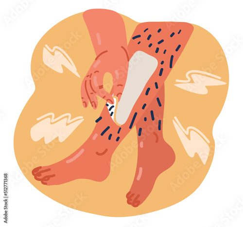 Vector illustration of depilatory wax to a young woman leg for hair removal. Depilation with wax or sugaring. Beauty concept