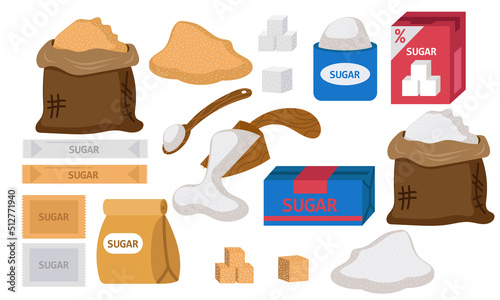 Sugar food pack brown and white. Granulated cube block cartoon and icon piece isolated sucrose vector illustration. Sweet stick set and cooking element drawing. Farm packaging sack and powder sand