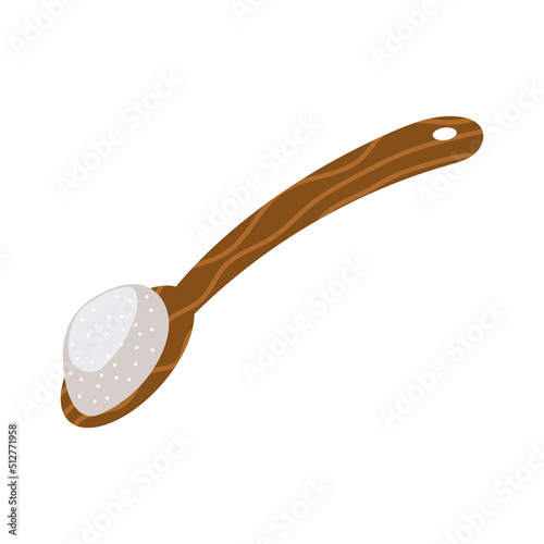 Wooden spoon with white sugar vector illustration food icon isolated. Kitchen cook powder ingredient and utensil baking. Pour salt and natural sweetener crystal. Teaspoon add pure grain aroma cane