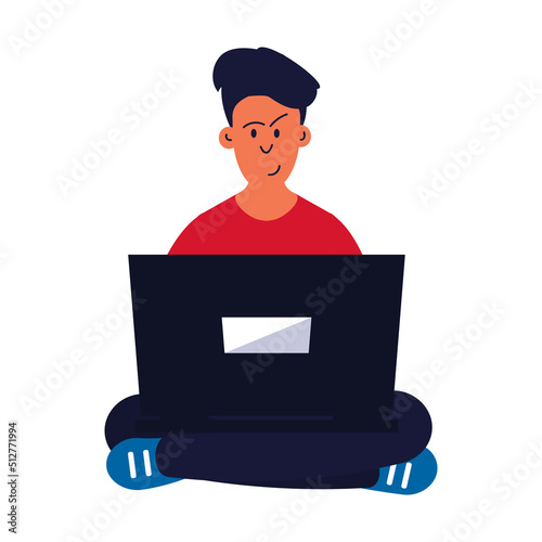 Man sitting with laptop vector illustration. Young person with business computer and work on internet. Character  office job and professional working employee. Workplace at home and guy freelancer
