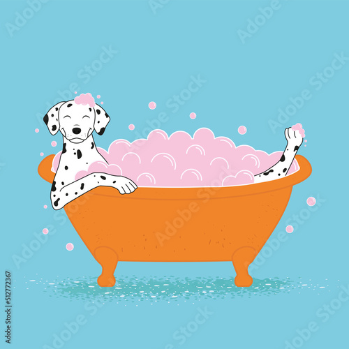 Dog to take a bath. Dalmatian in a bubble bath. Illustration for a grooming salon