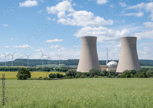 Green landscape and nuclear power plant photo