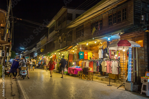 Chiang Khan,Loei,Thailand on DEC22,2018:Chiang Khan’s walking street,with wooden houses,many shops,restaurants,guesthouses. © mickey_41