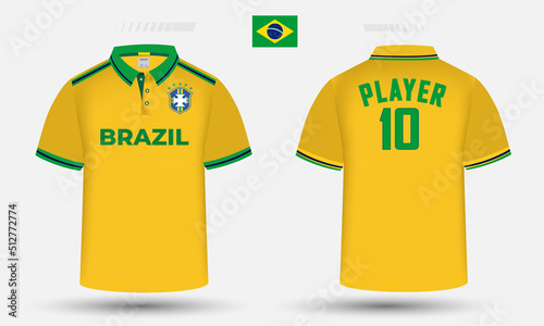  Brazil Football team jersey Design along with the Brazil flag and icon. Polo shirt design and mockup