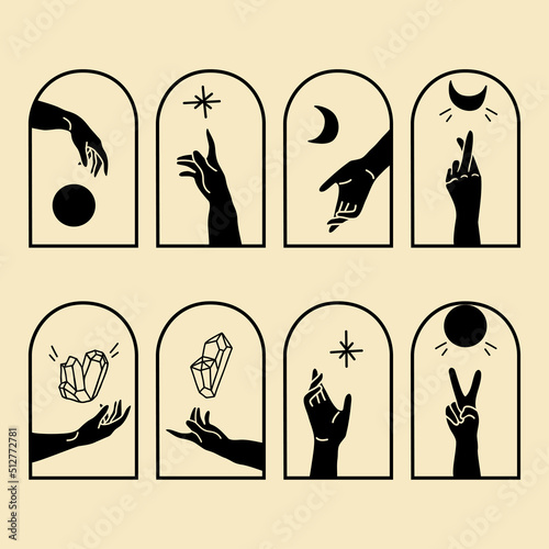 Abstract simple set of magic arch window, hand reaching for sun moon star or shining healing crystal. Scandinavian boho templates. Minimalistic esoteric posters room decor vector illustration