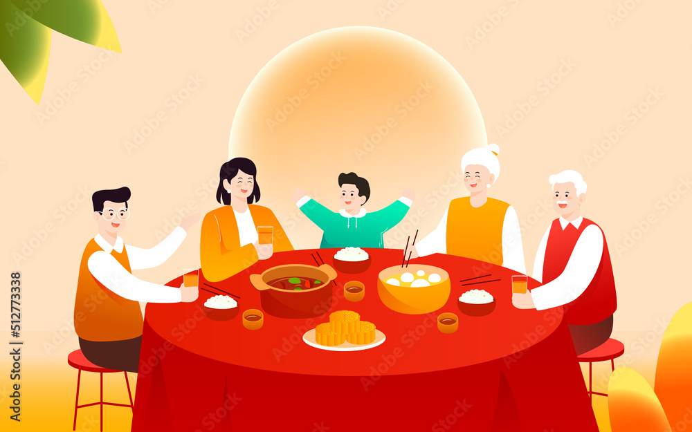 Mid-autumn festival family sits and eats at the table with Moon River buildings in the background, vector illustration Mid-autumn festival family sits and eats at the table with Moon River buildings in the background, vector illustration