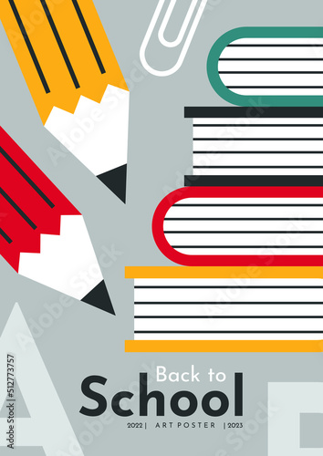 School background with stack of books, clip and pencils. Back to school. Simple flat background. Vertical poster.