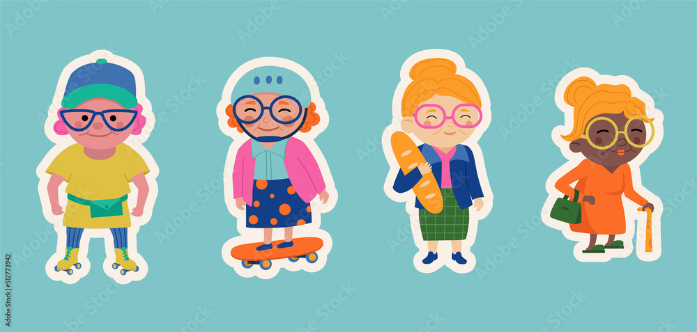 Set of stickers with funny grandmothers. Vector illustration. Set of stickers with funny grandmothers. Vector illustration.