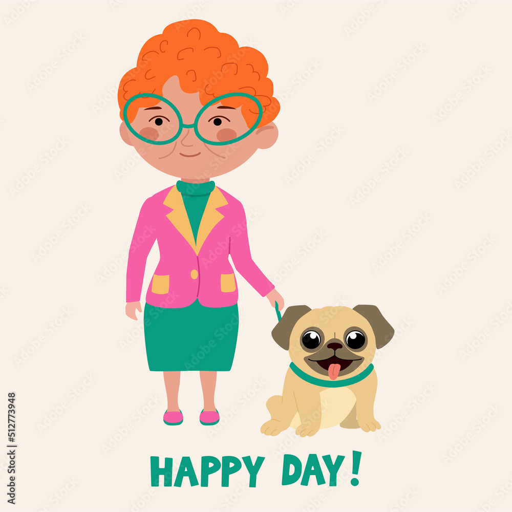 Funny card with grandma and dog. Vector illustration.
