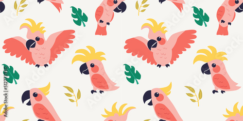 Trendy pattern with parrots and tropical leaves. Vector seamless texture. 