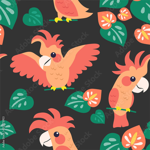 Trendy pattern with parrots and tropical leaves. Vector seamless texture. 