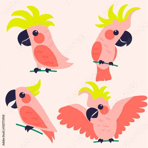 Set of cartoon parrots. Vector illustration.