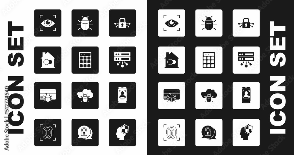 Set Cyber security, Password protection, Smart home, Eye scan, Server, Data, Web Hosting, System bug, Mobile and face recognition and credit card icon. Vector Set Cyber security, Password protection, Smart home, Eye scan, Server, Data, Web Hosting, System bug, Mobile and face recognition and credit card icon. Vector