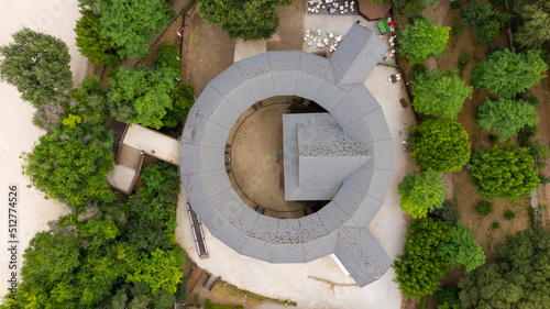 Aerial view of the Globe Theater, a Shakespearean theater in Rome, Italy, faithful replica of the Globe Theater in London, the most famous theater of the Elizabethan period.