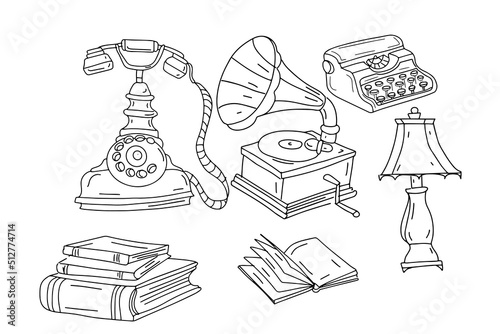 Telephone typewriter patifon old kgigi hand-drawn sketch doodle set large separately on a white background black and white graphics coloring book