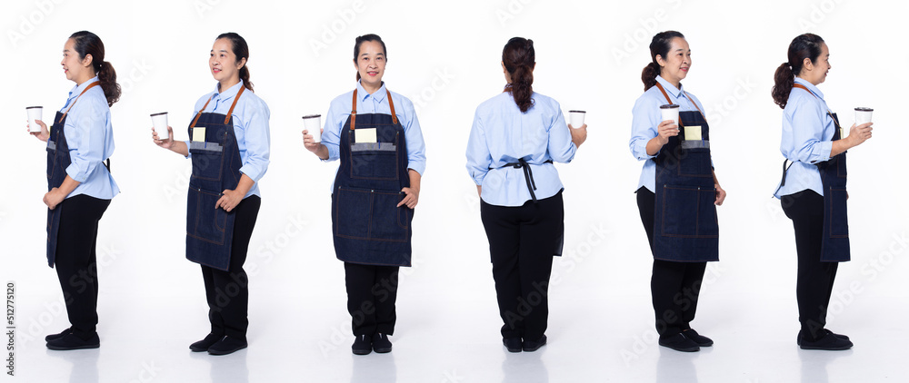 Full length 40s 50s Asian Senior Woman coffee barista waitress, 360 front side back rear