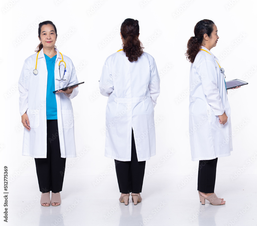 Full length 40s 50s Asian Senior Woman medical healthcare Doctor, 360 front side back rear Full length 40s 50s Asian Senior Woman medical healthcare Doctor, 360 front side back rear