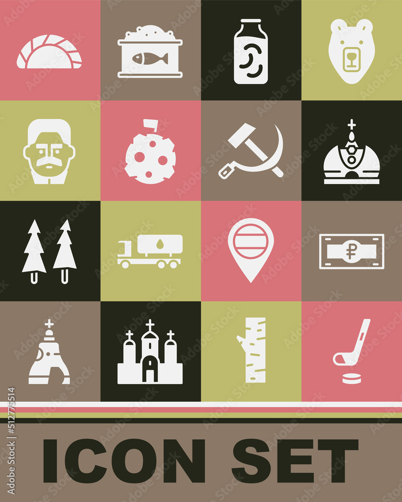 Set Ice hockey stick and puck, Russian ruble banknote, King crown, Pickled cucumbers jar, Moon with flag, Joseph Stalin, Dumpling and Hammer sickle USSR icon. Vector Set Ice hockey stick and puck, Russian ruble banknote, King crown, Pickled cucumbers jar, Moon with flag, Joseph Stalin, Dumpling and Hammer sickle USSR icon. Vector
