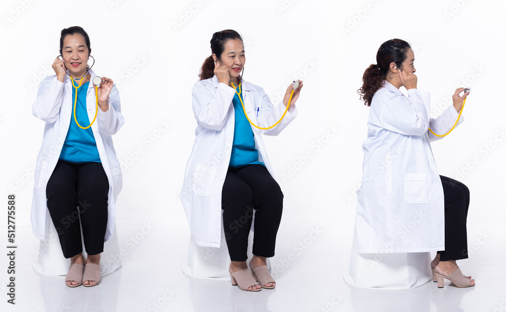 Naklejka premium Full length 40s 50s Asian Senior Woman medical healthcare Doctor, sitting diagnostic patient