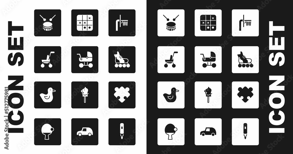 Set Basketball backboard, Baby stroller, Drum with drum sticks, Roller skate, Tic tac toe game, Puzzle pieces toy and Rubber duck icon. Vector Set Basketball backboard, Baby stroller, Drum with drum sticks, Roller skate, Tic tac toe game, Puzzle pieces toy and Rubber duck icon. Vector