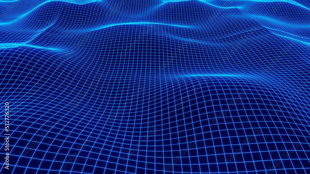 Abstract modern grid neon blue wave effect animation background. 3D motion render for presentation