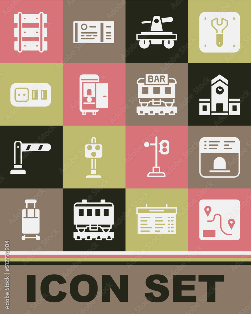 Set Route location, Ticket office to buy tickets, Railway station, Draisine or handcar, Toilet the train, Electrical outlet, Railway, railroad track and Restaurant icon. Vector Set Route location, Ticket office to buy tickets, Railway station, Draisine or handcar, Toilet the train, Electrical outlet, Railway, railroad track and Restaurant icon. Vector
