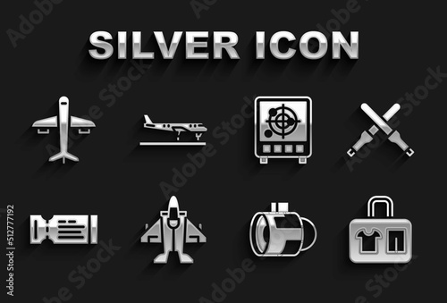 Set Jet fighter, Marshalling wands, Suitcase, engine turbine, Airline ticket, Radar with targets on monitor, Plane and icon. Vector