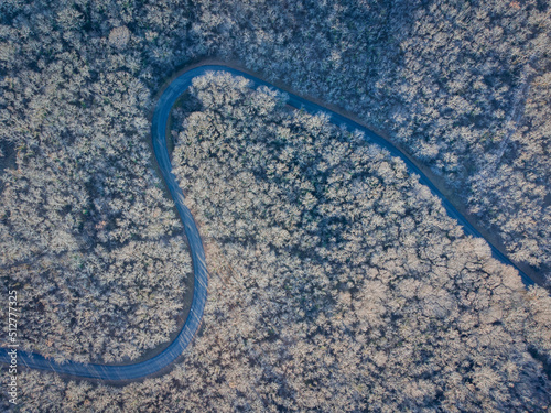 Route sinueuse en hiver avec une vue aérienne. Située au milieu d'une forêt blanchit par le gel.
