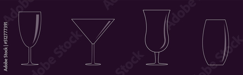 Cocktail glass icon set line. Different types of glasses with cocktails. Alcohol drinks. Line art. Empty crystal glasses shape. Martini, wine, champagne. Flat design. Black background.