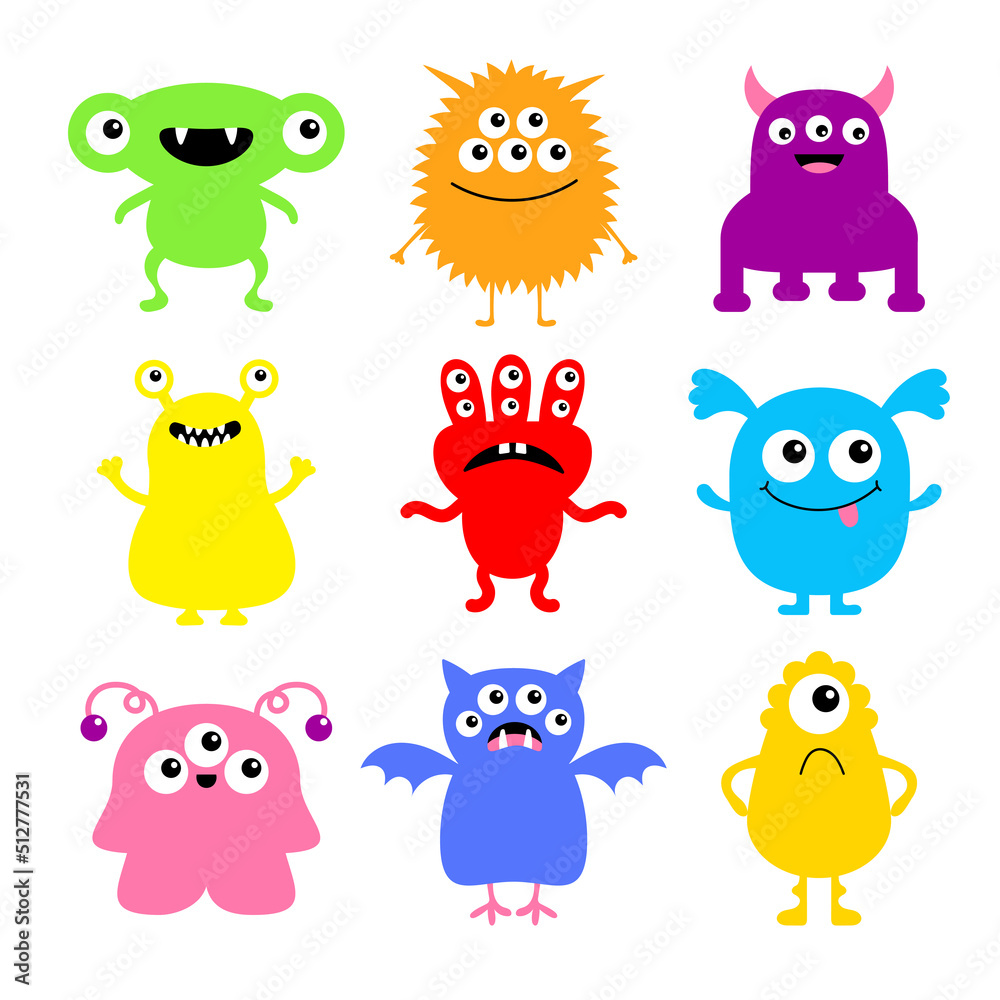 Fototapeta premium Happy Halloween. Monster icon set. Kawaii cute cartoon funny baby character. Sticker print. Colorful silhouette. Eyes, horn, fang teeth tongue, wing. Flat design. White background.