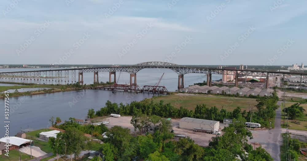 Aerial of cars traveling over the Calcasieu River Bridge in Lake Charles, Louisiana Aerial of cars traveling over the Calcasieu River Bridge in Lake Charles, Louisiana