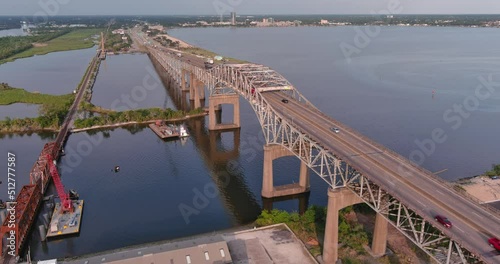 Aerial of cars traveling over the Calcasieu River Bridge in Lake Charles, Louisiana photo