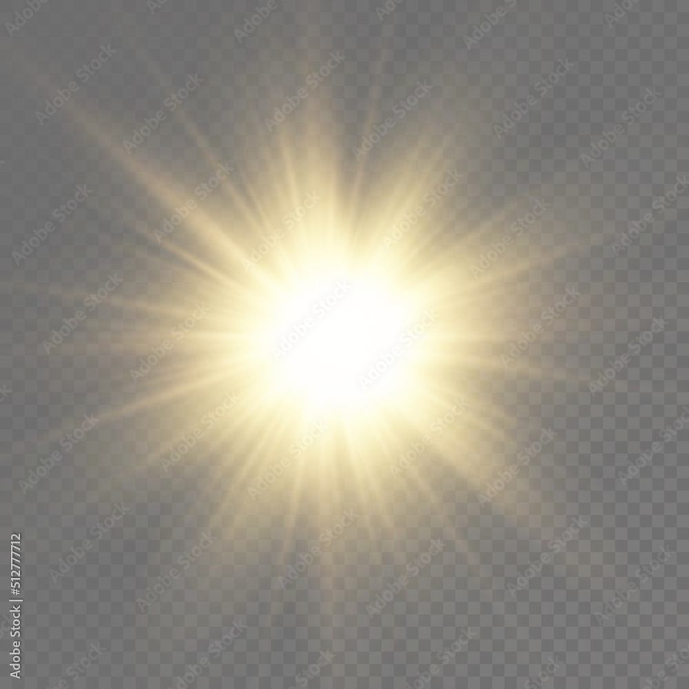 Glow bright light star, yellow sun rays, sunshine.