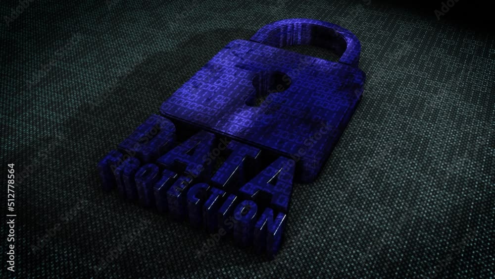 Stylish and hyper realistic 3D CGI render of a stylised system security padlock on a hitech surface overlaid with animated binary code with the message Data Protection in metallic blue